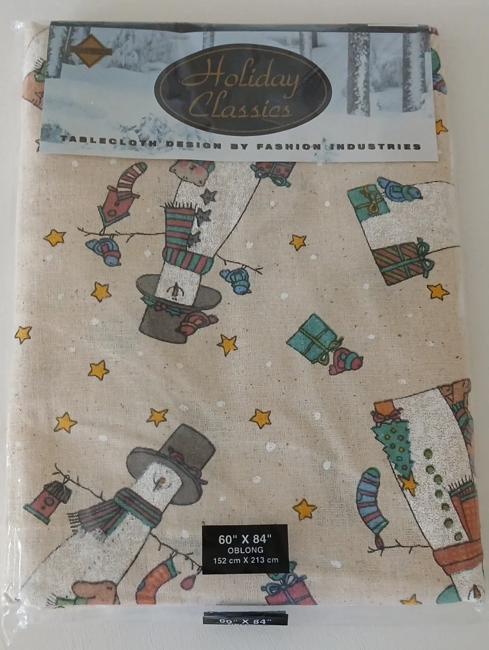 Vintage Holiday SNOWMAN LAND Tablecloth 100% Cotton 60x84